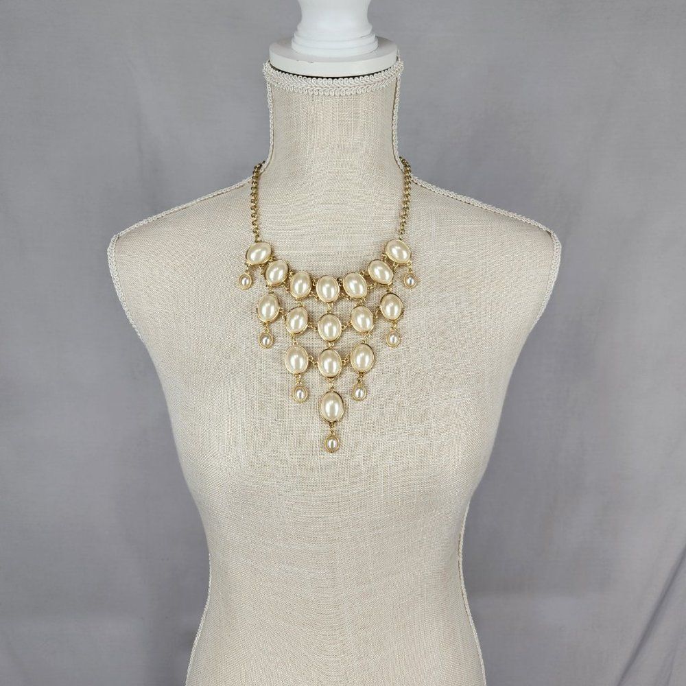 Costume Gold Tone Ivory Bubble Faceted Bib Chain Necklace 21" VTG